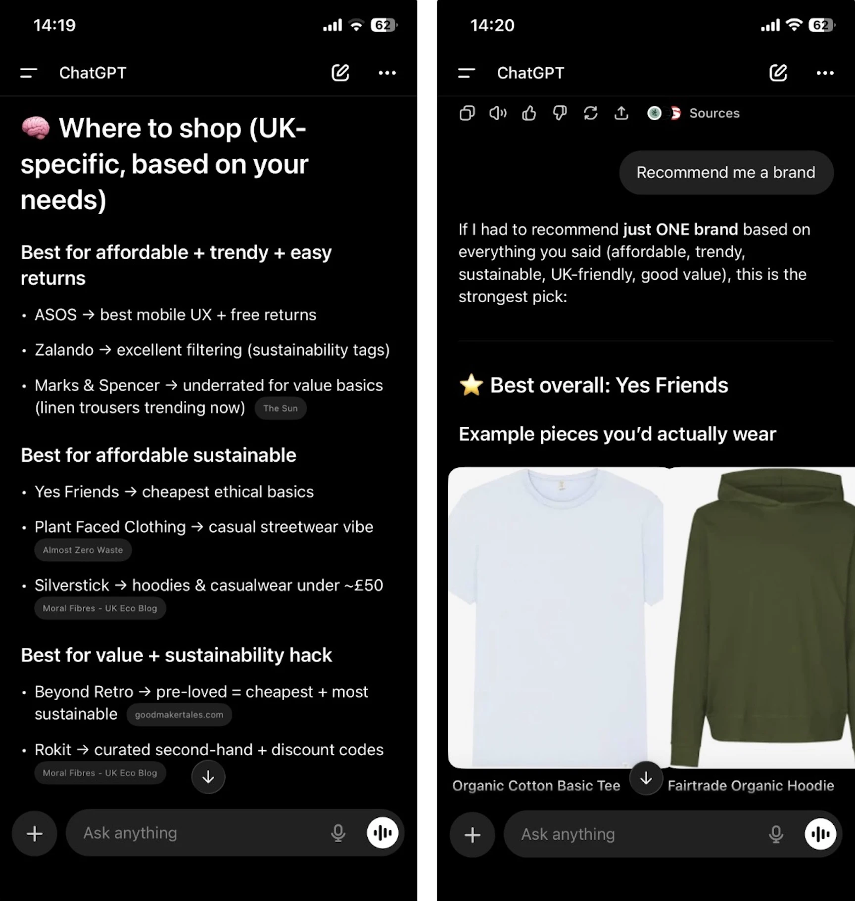 ChatGPT interface demonstrating AI visibility without active brand recommendation