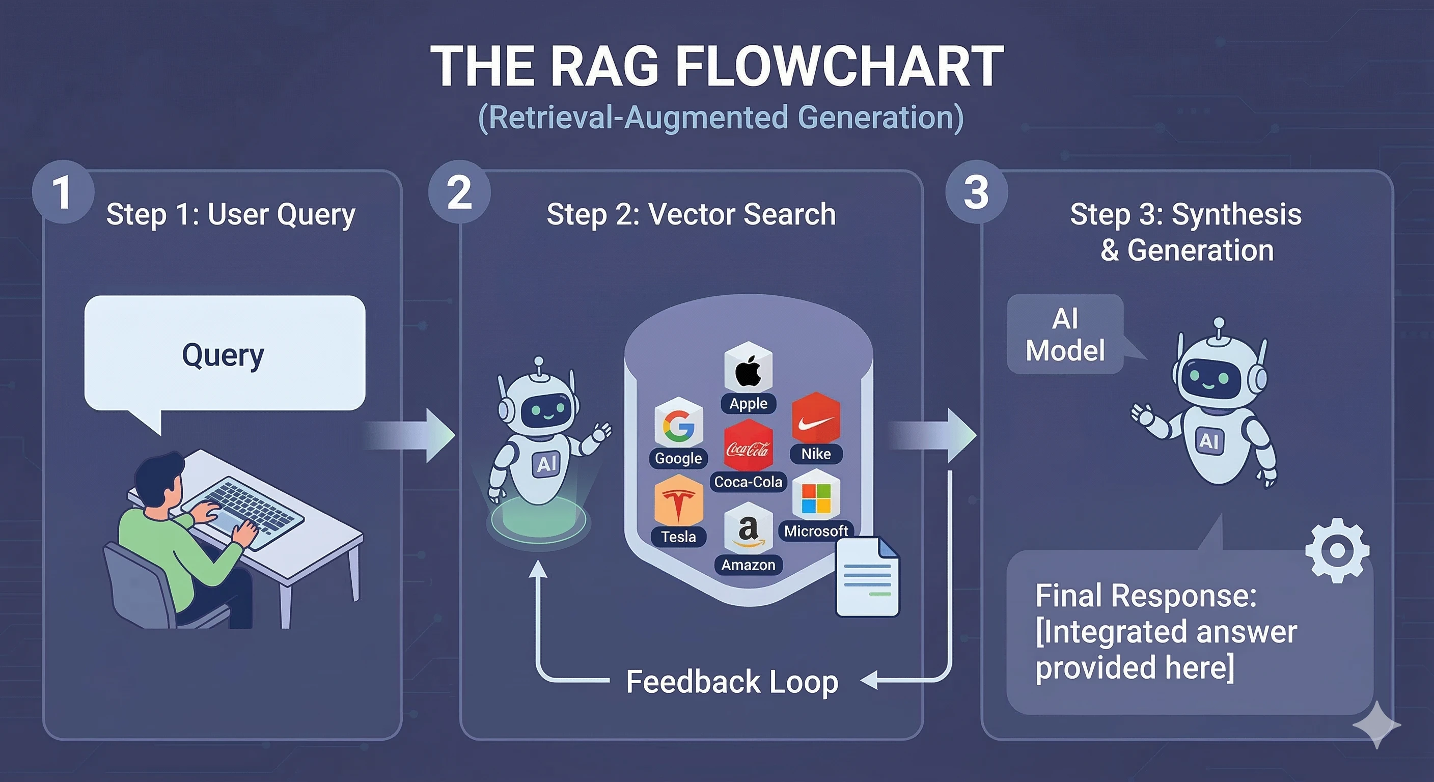 Retrieval-Augmented Generation (RAG) flowchart explaining LLM response generation